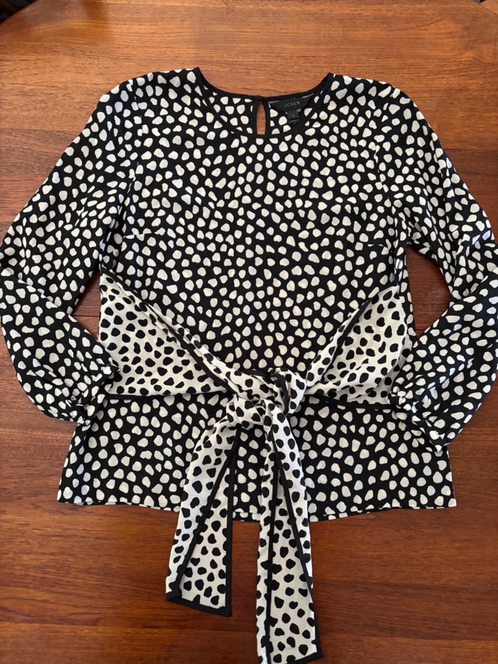 J. Crew Black and White Dot Tie-Waist silk Long Sleeve Blouse in pebble print
